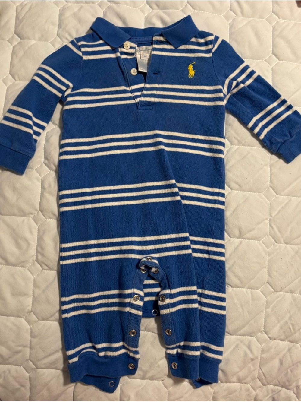 Ralph Lauren Blue & White Striped Polo Footie with Yellow Pony